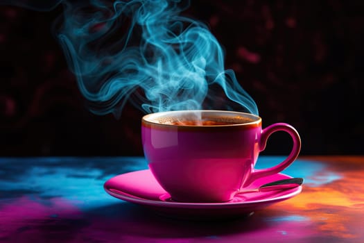 Multi-colored ink in a cup and saucer on the bar counter.