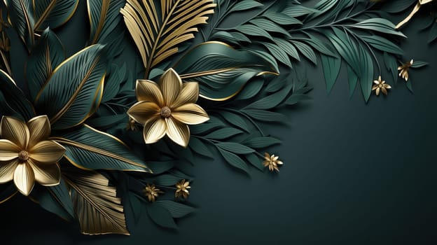 Dark green background with tropical leaves and space for text.