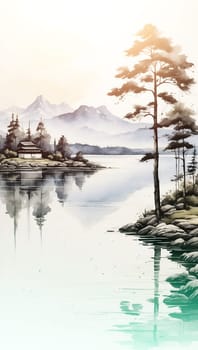 A calming painting capturing the beauty of a serene landscape with a lake, trees, and mountains.