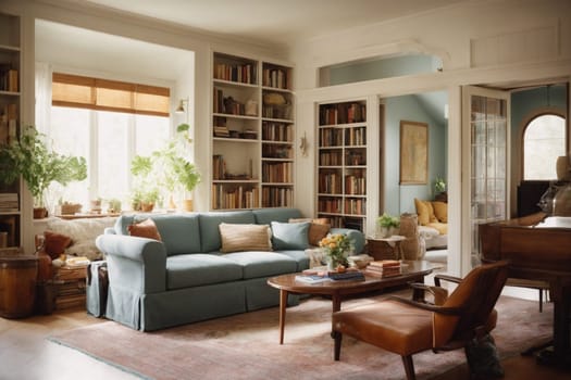 A warm and inviting living room filled with a variety of beautiful furniture pieces and a grand piano.