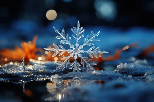 Beautiful crystal snowflake on the snow in the rays of the sun. Winter background.