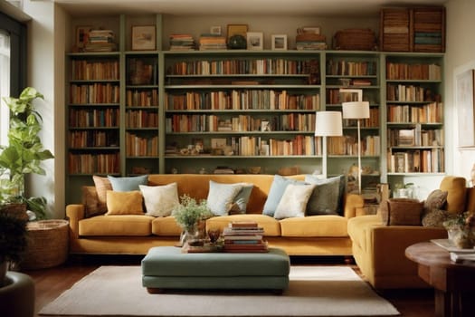 An expansive living room with a wealth of furniture pieces and bookshelves, creating a cozy and organized space.