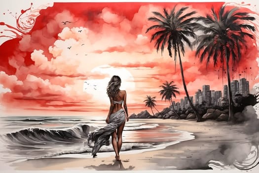A beautiful painting capturing a woman gracefully walking along the sandy shores of a serene beach.