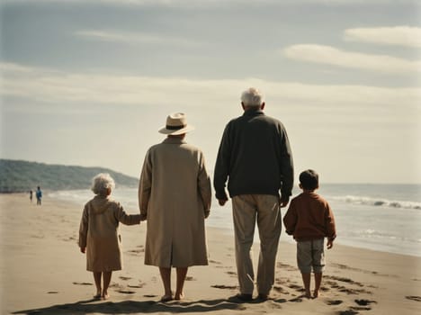 A happy family strolling on the sandy beach, hand in hand, cherishing quality time together under the warm sun.