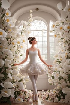 A stunning woman in a simple white dress gracefully standing in front of a vibrant display of flowers.