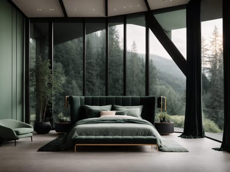This photo captures a bedroom with a spacious window and a vibrant green bed.