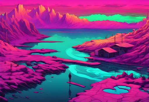 Neon-colored lake, rugged waves, cyberpunk style