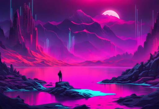 Neon-colored lake, rugged waves, cyberpunk style