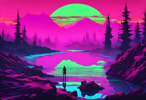 Neon-colored lake, rugged waves, cyberpunk style