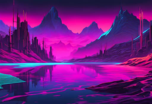 Neon-colored lake, rugged waves, cyberpunk style