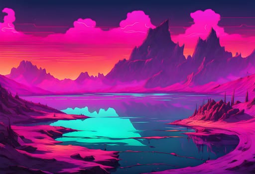 Neon-colored lake, rugged waves, cyberpunk style