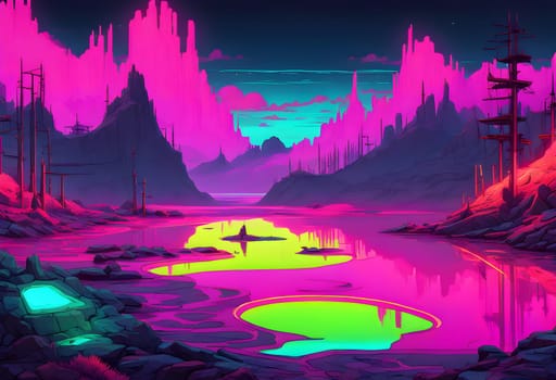 Neon-colored lake, rugged waves, cyberpunk style