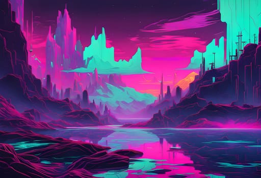 Neon-colored lake, rugged waves, cyberpunk style