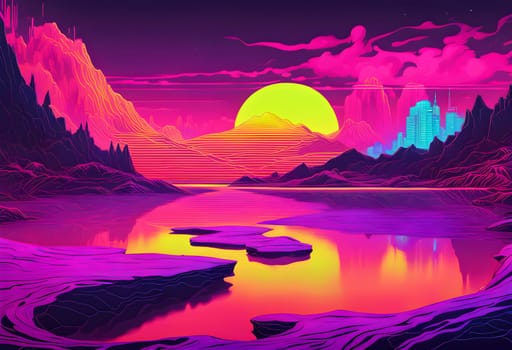 Neon-colored lake, rugged waves, cyberpunk style