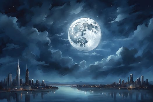 A mesmerizing painting of a full moon casting its light over a sprawling city.