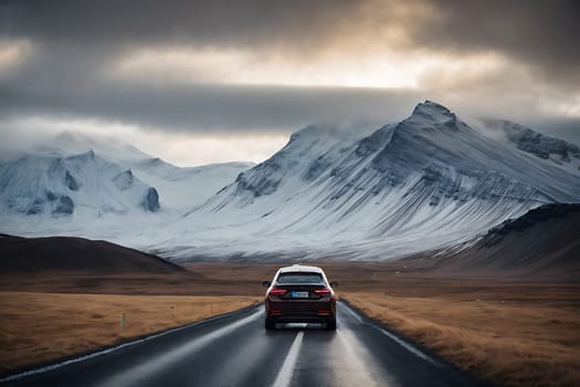 A car drives down a road with a stunning mountain as a breathtaking backdrop.