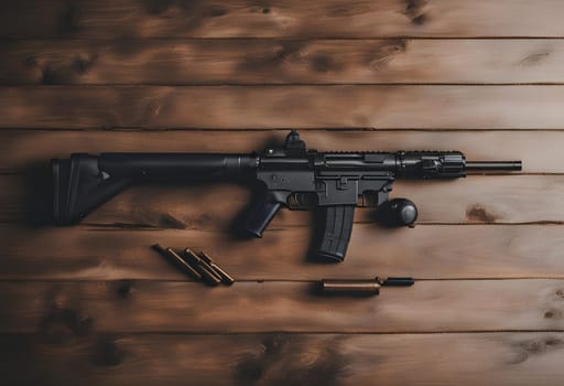 Rifle on the flat lay table background.