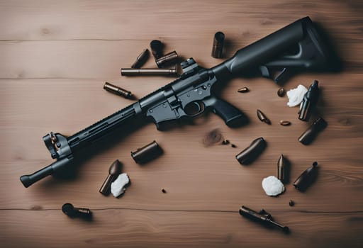 Rifle on the flat lay table background.