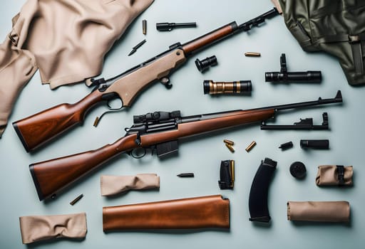 Rifle on the flat lay table background.