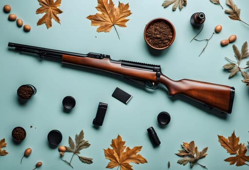 Rifle on the flat lay table background.