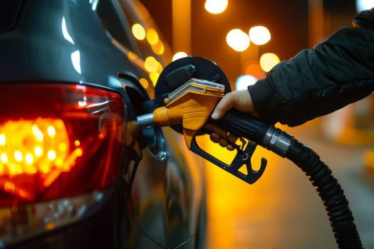 Pouring fuel, close up image of a hand filling up a car with gas at a gas station.
