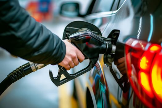 Pouring fuel, close up image of a hand filling up a car with gas at a gas station.