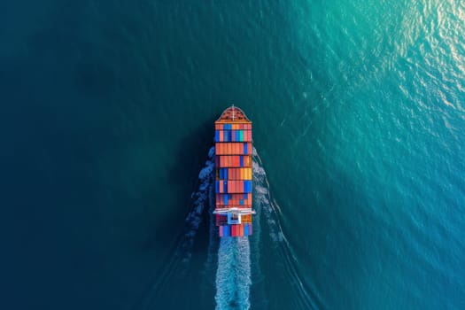 Aerial top down view of a large container cargo ship in motion over open ocean with copy space.
