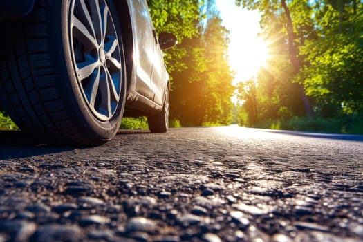 Car Asphalt Road Motion Summer Time, Summer tires on the asphalt road in the sun time.