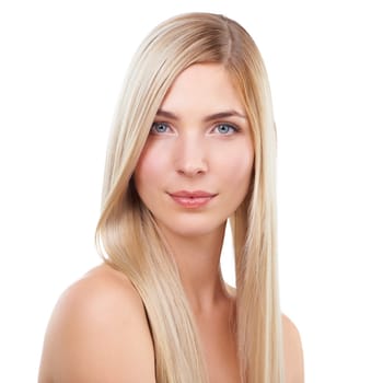 Straight hair, beauty and portrait of woman in makeup isolated on a white studio background. Face, hairstyle and young blonde model in cosmetics, skincare or salon treatment at hairdresser for shine.