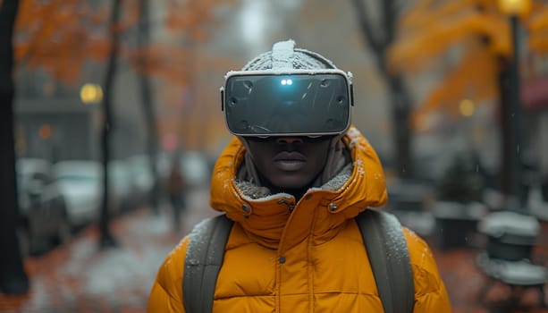 A man in VR glasses on a city street. High quality photo