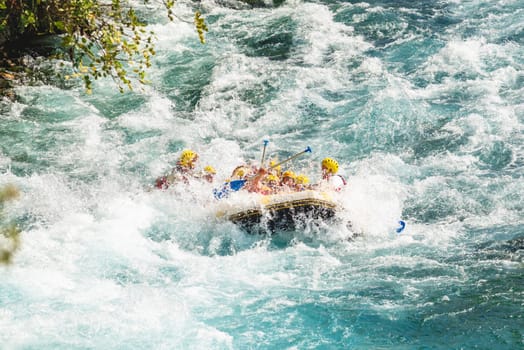 Antalya, Turkey - August 10, 2023: Rafting on a big rafting boat on the river in Antalya Koprulu Canyon.
