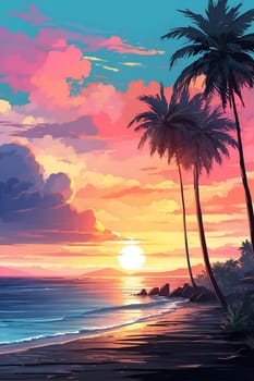 This photo features a painting of a colorful sunset on a beach, showcasing palm trees in the foreground against a beautiful sky.