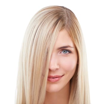 Straight hair, beauty and portrait of happy woman in makeup isolated on a white studio background. Face, hairstyle and smile of blonde model in cosmetics, hairdresser and salon treatment for care.