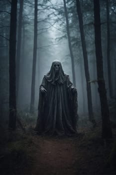 A ghostly figure stands among the tall trees in a forest.