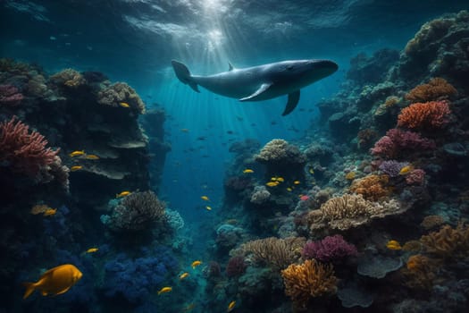 A sea lion gracefully swims over a vibrant coral reef teeming with marine life.