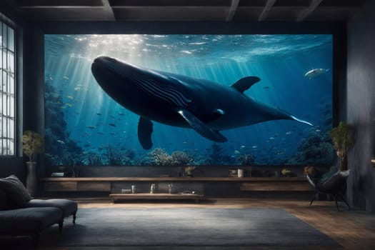 A living room with a large whale swimming in the water, creating a striking and unexpected sight.