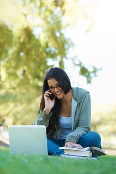 Woman, garden and mobile phone with book, glasses and laptop for study, learning and college. Latino student, park and technology for research, communication and university for online education.