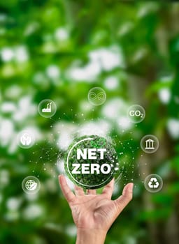 Hand of human holding earth with Net Zero icon, carbon neutral and net zero concept for net zero greenhouse gas emissions target, Climate neutral long term strategy, natural background.