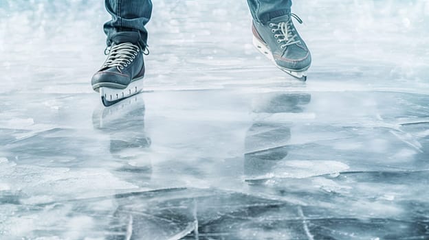 Detail to ice skating on an ice of frozen lake, sport concept