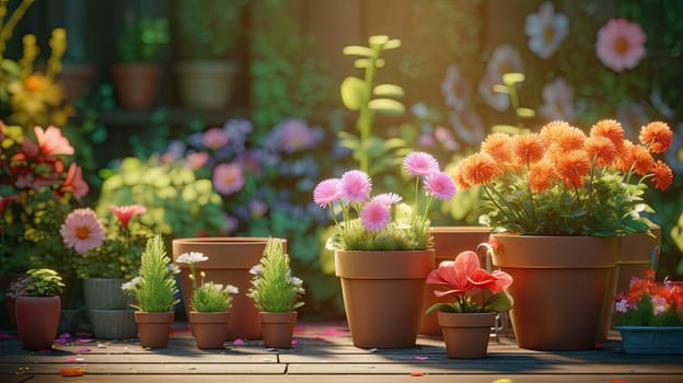 Gardening background with flowerpots, yellow boots in a sunny spring or summer garden