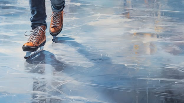 Detail to ice skating on an ice of frozen lake, sport concept