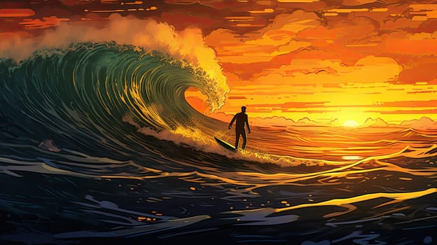Detail to surfer on a huge sea waves during sunset, extreme sport concept