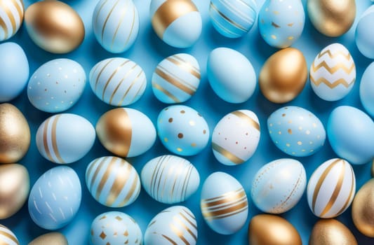 Easter eggs in light blue and gold tones on a blue background. Easter concept.