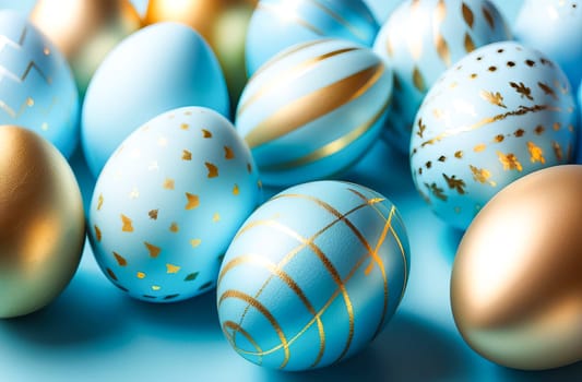 Easter eggs in light blue and gold tones on a blue background. Easter concept.