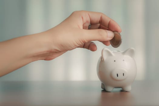 Piggy bank with a hand holding coins, symbolizing savings and wealth in the world of finance and banking