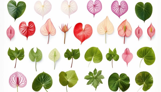 collection of exotic Anthuriums with their hear, isolated, white background. High quality photo