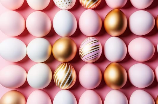 Easter eggs in light pink and gold tones on a blue background. Easter concept. AI generated.