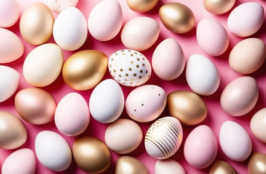 Easter eggs in light pink and gold tones on a blue background. Easter concept. AI generated.