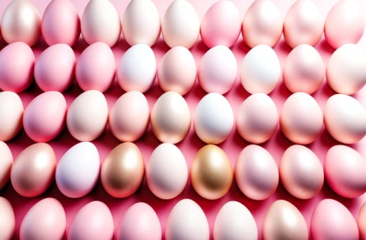 Easter eggs in light pink and gold tones on a blue background. Easter concept. AI generated.