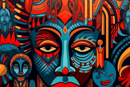 Explore the rich cultural heritage of Africa with this captivating illustration of an African man donning a traditional tribal mask, adorned with intricate African motifs.